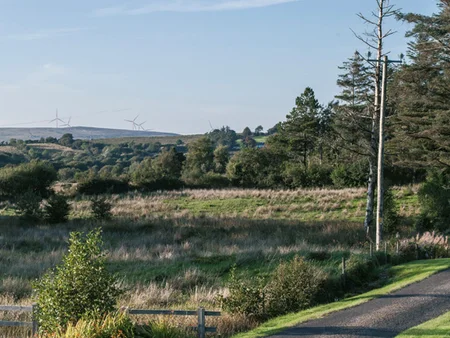 A road next to a green field, trees and wind turbines on the background at Clogheravaddy Substation ABO