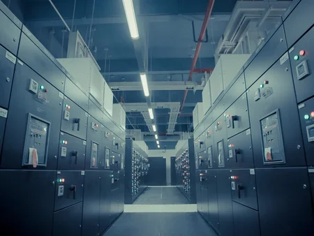 A corridor inside a data centre, lined with rows of server racks. 