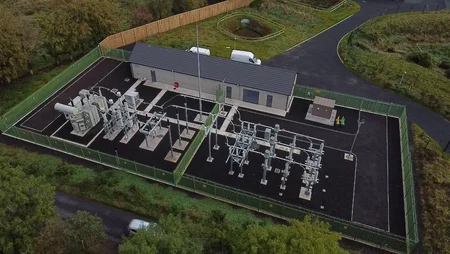 Drone shot of building Battery storage project in Kells