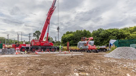 Shot of construction site for BESS 1 Battery storage plant with crane 2022